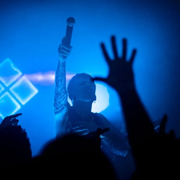 Infirm of Purpose live, mic up under their own logo, hands in the air at the front