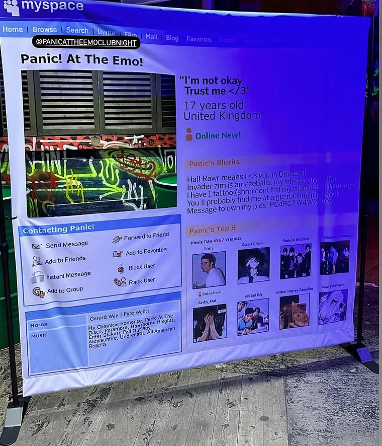 The Myspace photo booth backdrop, a full size printed Panic At The Emo profile page